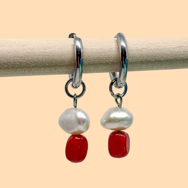 Boucles corail & eau douce argenté