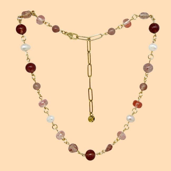 Collier flamme quartz fraise doré 